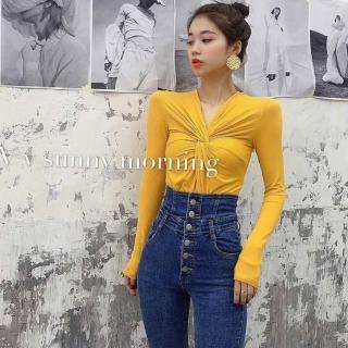 【BBHONEY】韓版修身百搭扭結V領性感打底毛衣長袖針織衫(網美必備款)