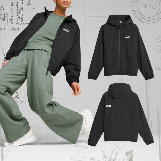 PUMA 外套 Oversized 女款 黑 白 防潑水 寬鬆 防風 連帽外套 跳豹 小LOGO(675372-01)