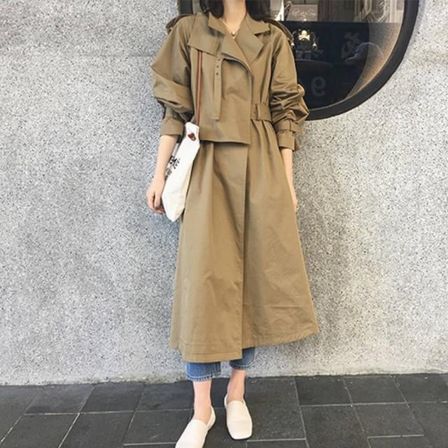 【米蘭精品】現貨+預購 風衣外套長版大衣(腰帶收腰顯瘦純色女外套2色73wd3)