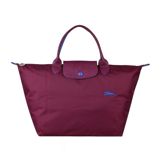 【LONGCHAMP】LONGCHAMP COLLECTION刺繡LOGO尼龍摺疊短把拉鍊手提包(中/梅紅x藍)