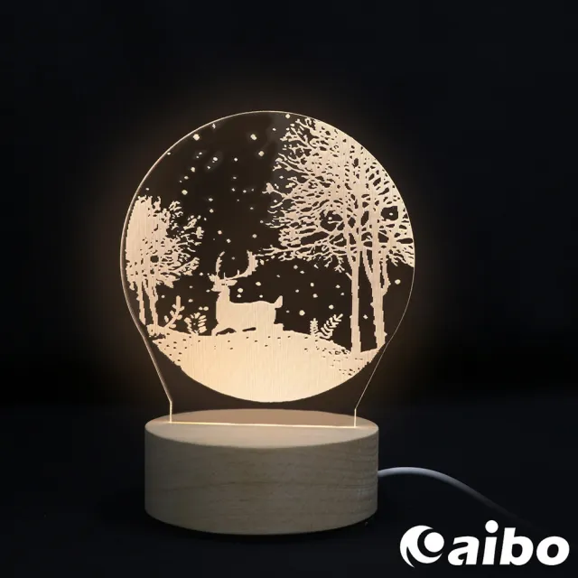 北歐風3D立體造型 LED原木底座USB小夜燈-森林小鹿(聖誕節/交換禮物)