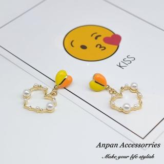 【Anpan】925銀針韓東大門泫雅少女粉彩珍珠愛心圈耳環-金黃