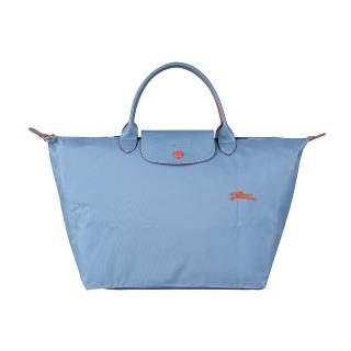 【LONGCHAMP】LONGCHAMP COLLECTION刺繡LOGO尼龍摺疊短把拉鍊手提包(中/霧藍x橘)