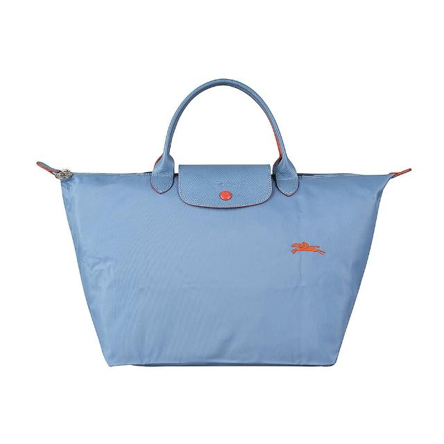 【LONGCHAMP】LONGCHAMP COLLECTION刺繡LOGO尼龍摺疊短把拉鍊手提包(中/霧藍x橘)