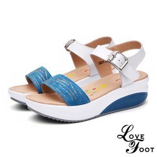 【LOVE FOOT 樂芙】燙金亮絲一字真皮美腿搖搖休閒涼鞋(藍)