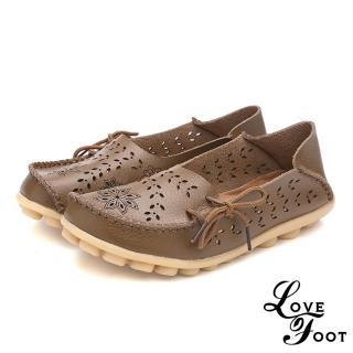 【LOVE FOOT 樂芙】個性縷空光雕刻花透氣兩穿法真皮豆豆休閒鞋(卡其)