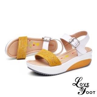 【LOVE FOOT 樂芙】燙金亮絲一字真皮美腿搖搖休閒涼鞋(黃)