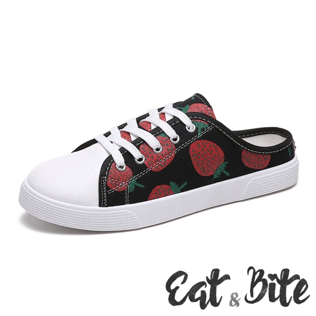 【E&B】可愛小草莓帆布鞋型平底包頭拖鞋(黑)