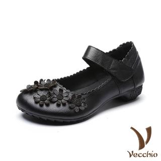 【Vecchio】真皮頭層牛皮甜美撞色小花魔鬼粘低跟娃娃鞋(黑)