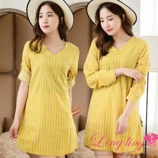 【lingling】細條紋袖反折V領上衣長版洋裝PA3932(黃白條)
