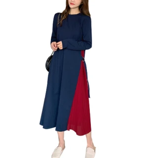 【MsMore】韓款浪漫氣質撞色百折綁帶顯瘦雪紡長洋裝#105883(5色)