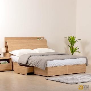 【WAKUHOME 瓦酷傢俱】GRACE 附插座北歐栓木5尺雙人抽屜床組 B001-589+590(雙人床 床架 床頭+收納床底)
