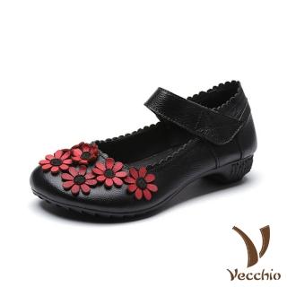 【Vecchio】真皮頭層牛皮甜美撞色小花魔鬼粘低跟娃娃鞋(黑紅)