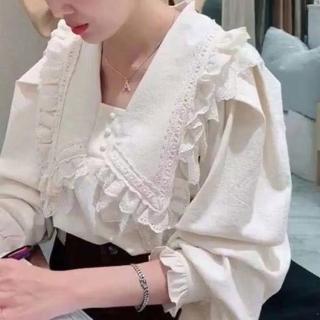 【BBHONEY】法式蕾絲花邊海軍領寬鬆棉麻長袖襯衫上衣(網美必備款)
