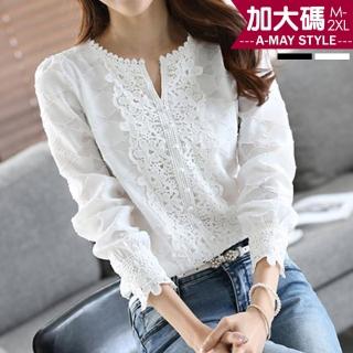 【艾美時尚】現貨 中大尺碼女裝 上衣 小V領口蕾絲長袖雪紡衫。M-2XL(白)