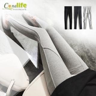【Conalife】拼接螺紋貼身9分內搭褲(1入)