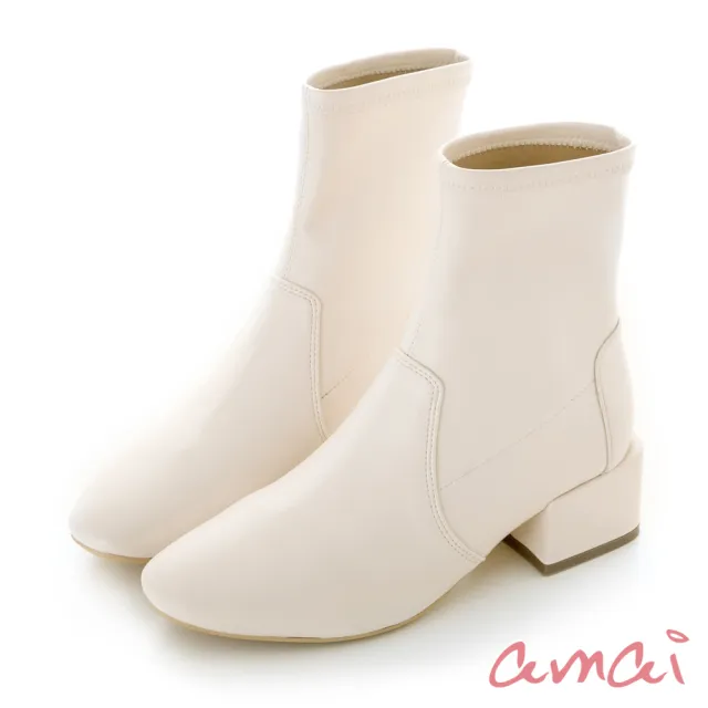 【amai】氣質小方頭低跟襪靴 低跟短靴 襪靴 踝靴 短筒靴 粗跟 百搭 大尺碼 GB-49WT(白色)