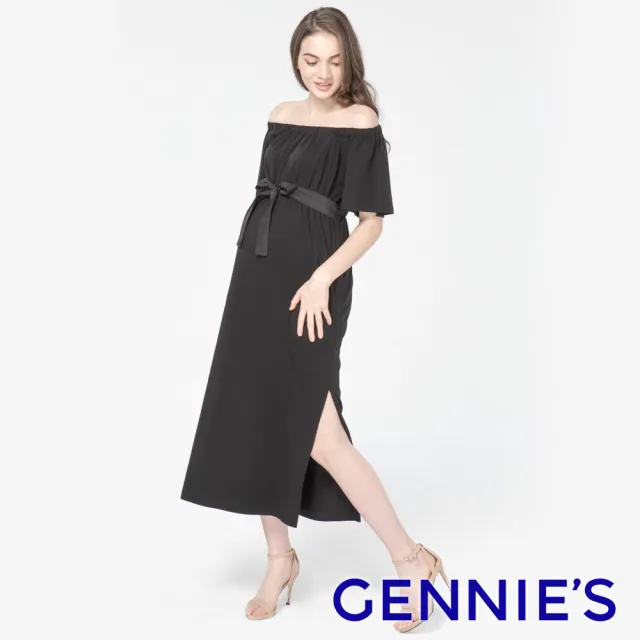 【Gennies 奇妮】一字領綁帶洋裝-黑(孕婦裝 親膚 露肩 荷葉邊 綁帶)