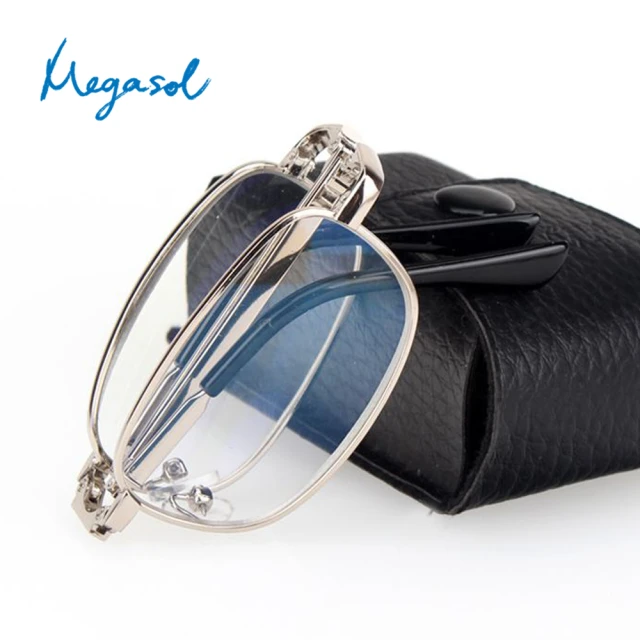 【MEGASOL】可折疊縮小便攜摺疊老花眼鏡(經典中性金屬橢方框-818)
