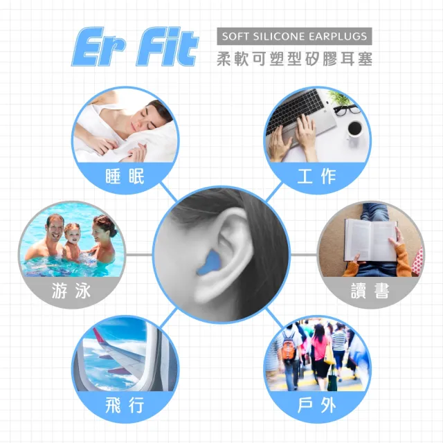 【ER FIT】矽膠耳塞 超柔軟可塑型 防噪音 睡眠 游泳 飛行 適用/12入(粉色)