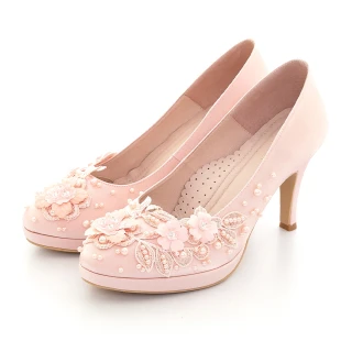 【CUMAR】優雅蕾絲花朵珍珠點綴防水台高跟鞋婚鞋(粉紅色)