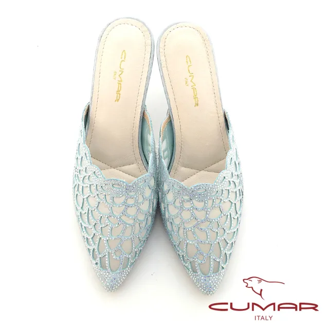 【CUMAR】立體花邊網紗透膚尖頭金屬穆勒高跟鞋(水藍)