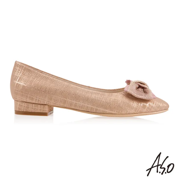 【A.S.O 阿瘦集團】時尚流行 健步通勤金屬紗線蝴蝶結低跟鞋(粉紅)