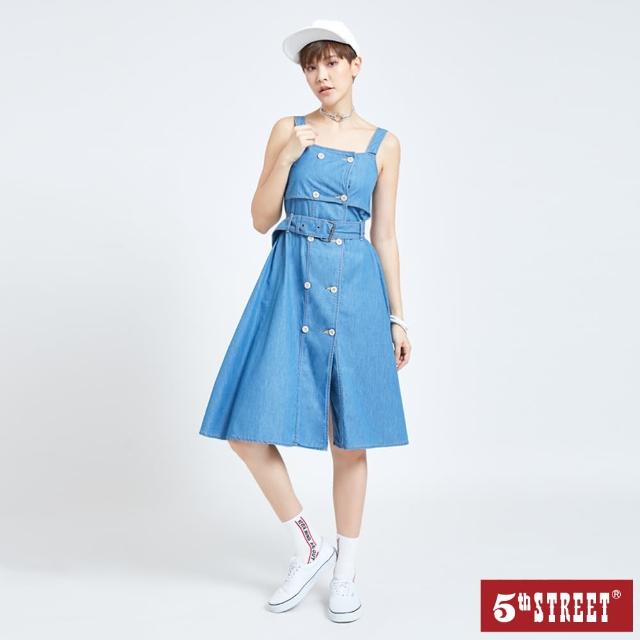 【5th STREET】女鈕扣女吊帶背心裙-中古藍