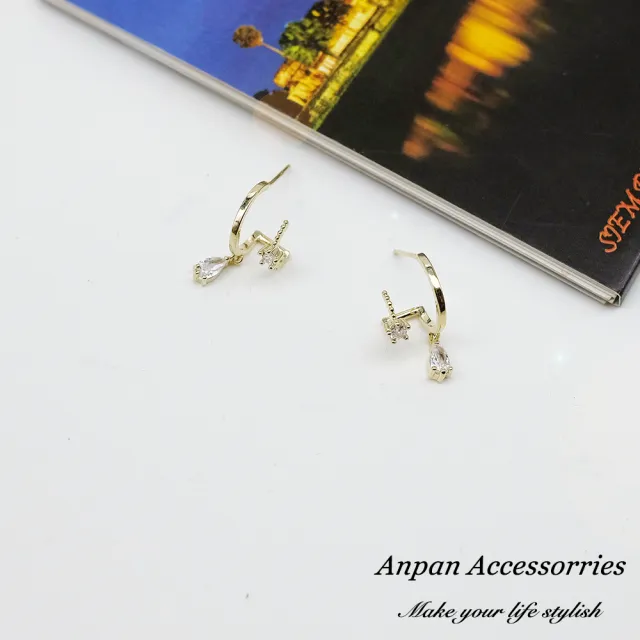 【Anpan】韓東大門925銀耳針式雙弧圈水鑽耳環
