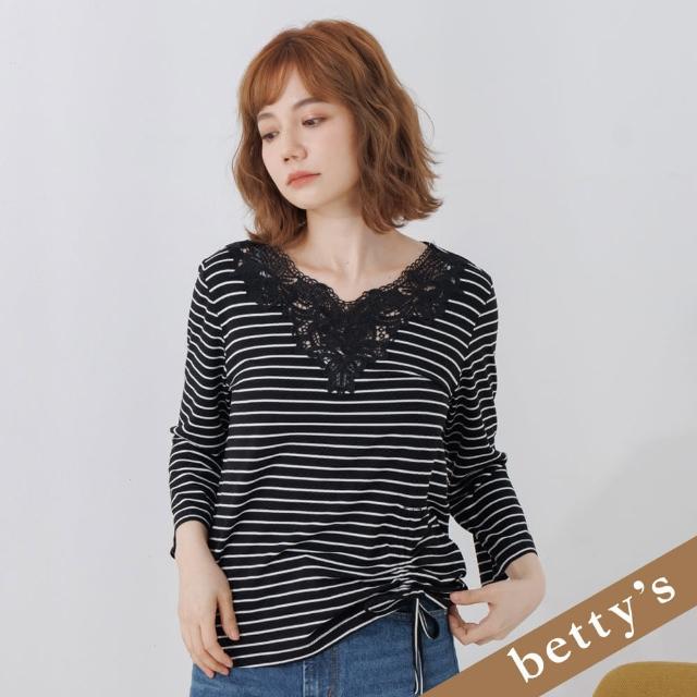 【betty’s 貝蒂思】蕾絲拼接細條紋V領長袖T-shirt(黑色)