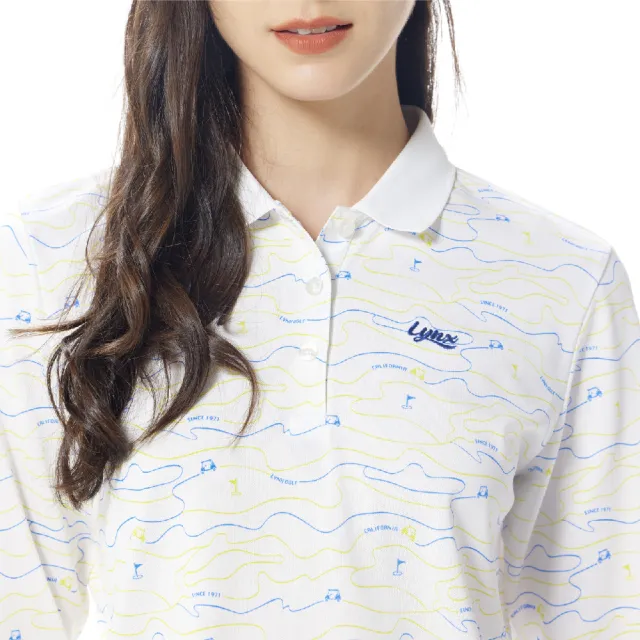 【Lynx Golf】女款吸濕排汗滿版亮色系線條球車果嶺圖樣印花長袖POLO衫(白色)