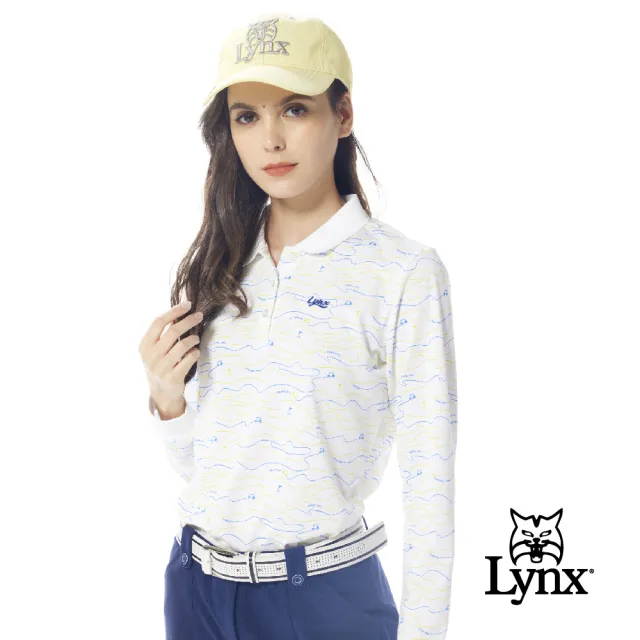 【Lynx Golf】女款吸濕排汗滿版亮色系線條球車果嶺圖樣印花長袖POLO衫(白色)