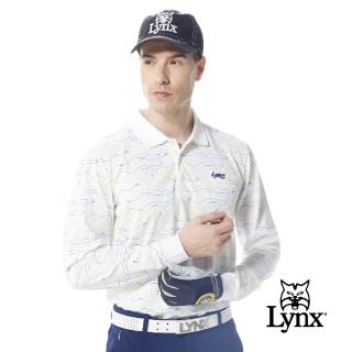【Lynx Golf】男款吸濕排汗滿版亮色系線條球車果嶺圖樣印花長袖POLO衫/高爾夫球衫(白色)
