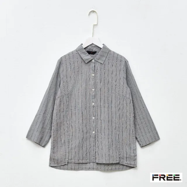 【FREE】純棉INDIGO細直紋七分袖口袋襯衫(丈青)