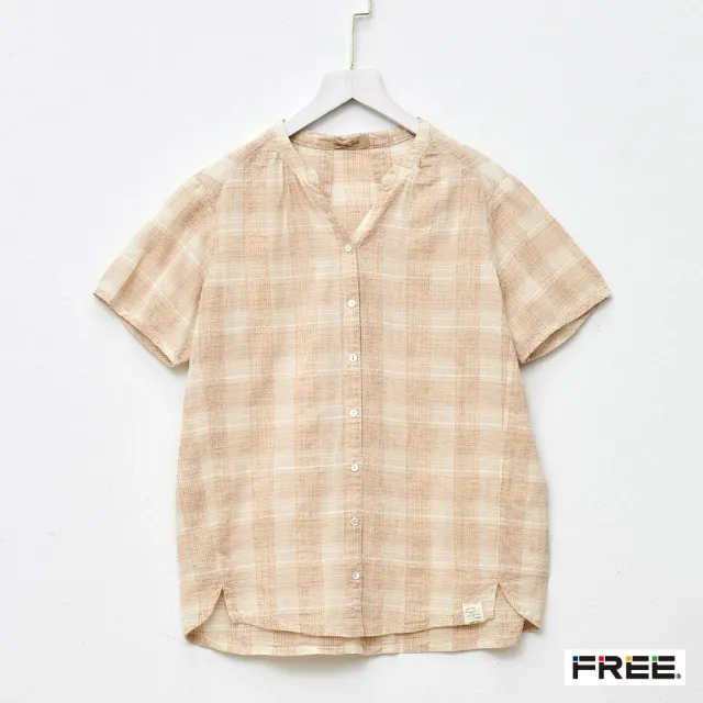 【FREE】進口有機棉輕格小V領短袖襯衫(綠色/咖啡)