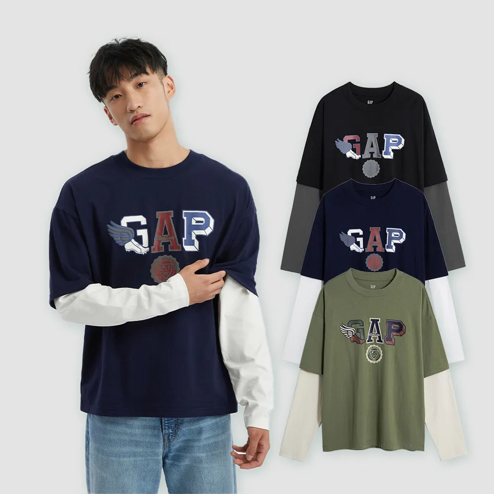 【GAP】男裝 Logo純棉印花假兩件圓領長袖T恤-多色可選(773173)