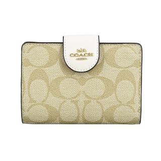 【COACH】COACH Corner金字LOGO緹花PVC 7卡釦式零錢中夾(淺卡其x粉筆白)