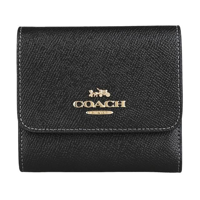 【COACH】COACH馬車金字LOGO防刮牛皮2卡壓釦式三折短夾(小/黑)