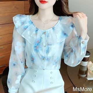 【MsMore】刺繡印花長袖襯衫法式宮廷風雪紡衫荷葉領短版上衣#118974(花紋)