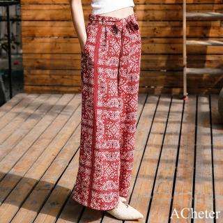 【ACheter】民族風波西米亞文藝闊腿垂感沙灘紅色印花九分褲#119064(紅)