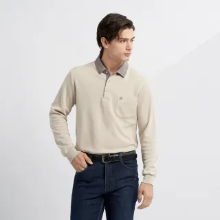 【pierre cardin 皮爾卡登】網路獨家 男款 保暖棉質混紡素色刷毛長袖POLO衫-卡其色(7225287-82)