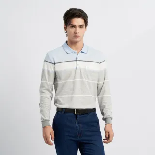 【pierre cardin 皮爾卡登】網路獨家 男款 保暖棉質混紡定位條紋刷毛長袖POLO衫-水藍色(7225278-32)