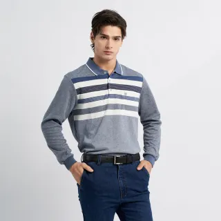 【pierre cardin 皮爾卡登】網路獨家 男款 保暖棉質混紡定位條紋刷毛長袖POLO衫-藍色(7225271-35)