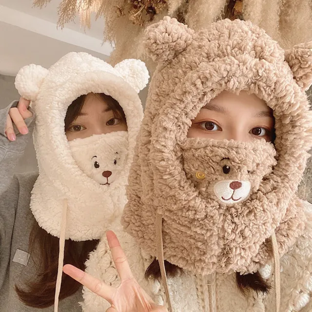 【Emi 艾迷】可愛小熊口罩帽保暖防風帽子護耳圍脖(冬季 生日禮物)