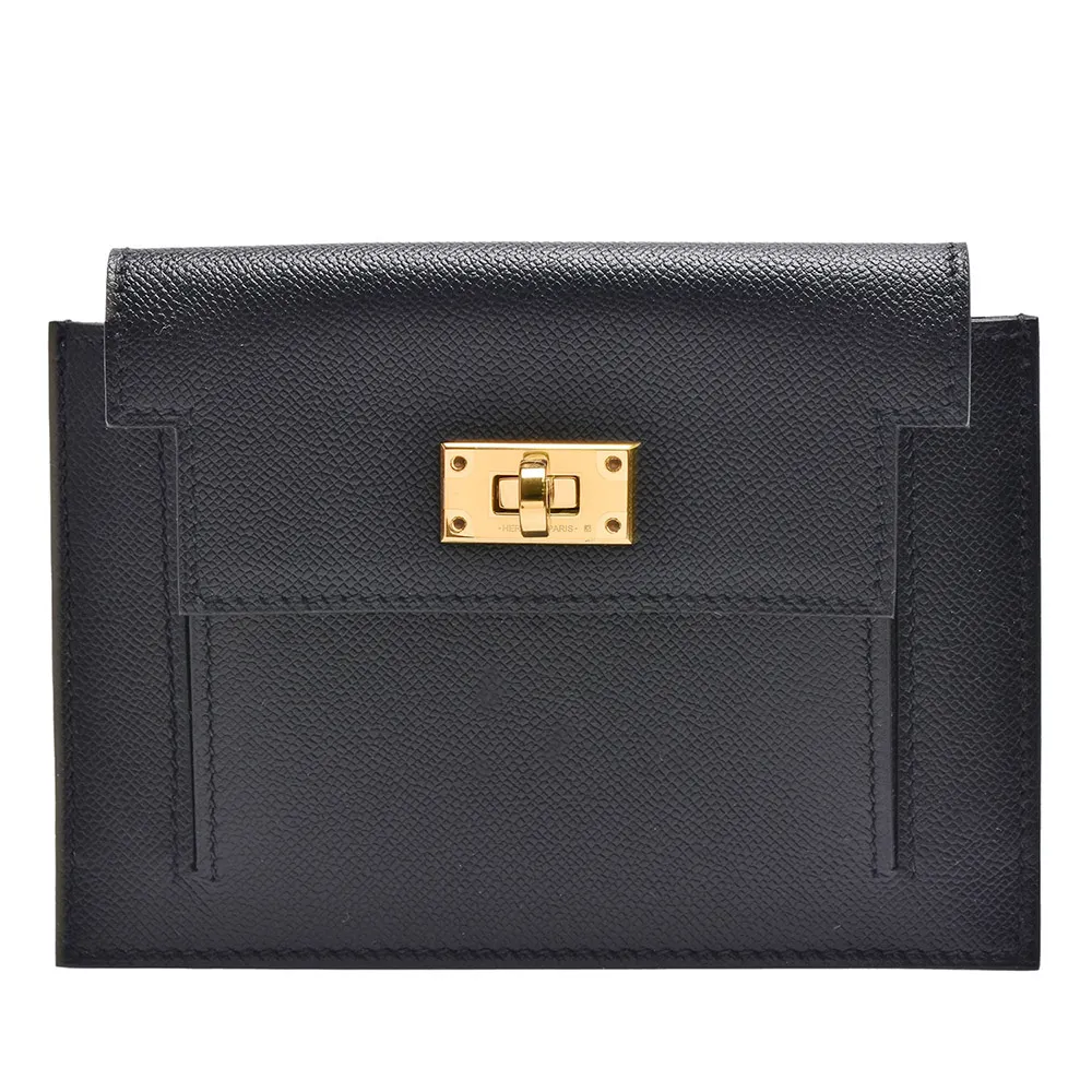 【Hermes 愛馬仕】經典Kelly Pocket系列EPSOM小牛皮轉釦零錢包/短夾(黑色H079001CC-BLK)