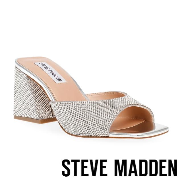 【steve madden】GLOWING R 鑽面方頭粗跟涼拖鞋(銀色)