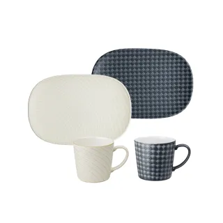 【DENBY】印象圖騰雙色午茶杯盤組-米白+岩灰