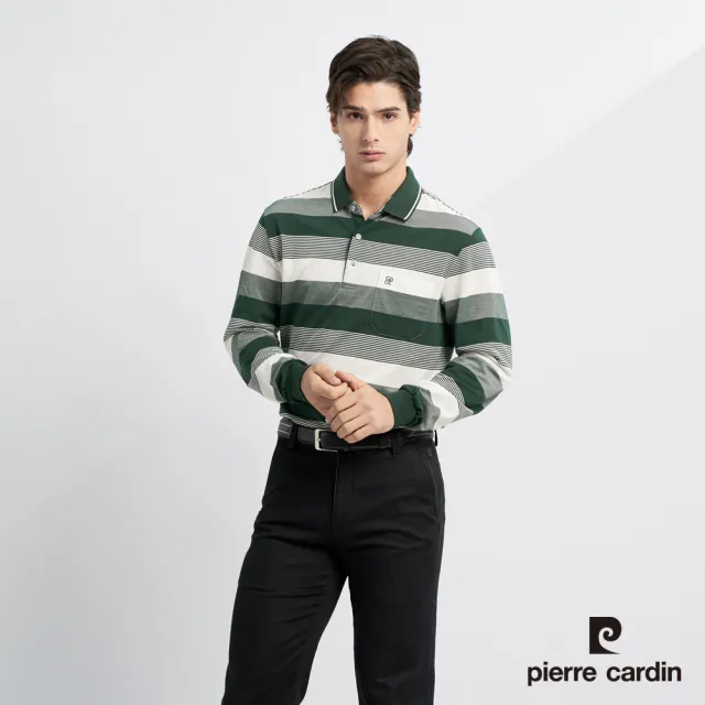 【pierre cardin 皮爾卡登】網路獨家 男款 棉質混紡網眼條紋薄長袖POLO衫-墨綠色(7225265-48)