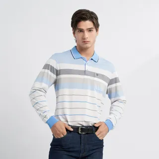 【pierre cardin 皮爾卡登】網路獨家 男款 吸濕排汗條紋定位薄長袖POLO衫-水藍色(7225263-33)