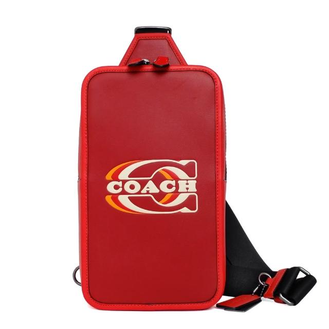 【COACH】紅色堆疊字印全皮直式方型單肩胸背斜後背男包